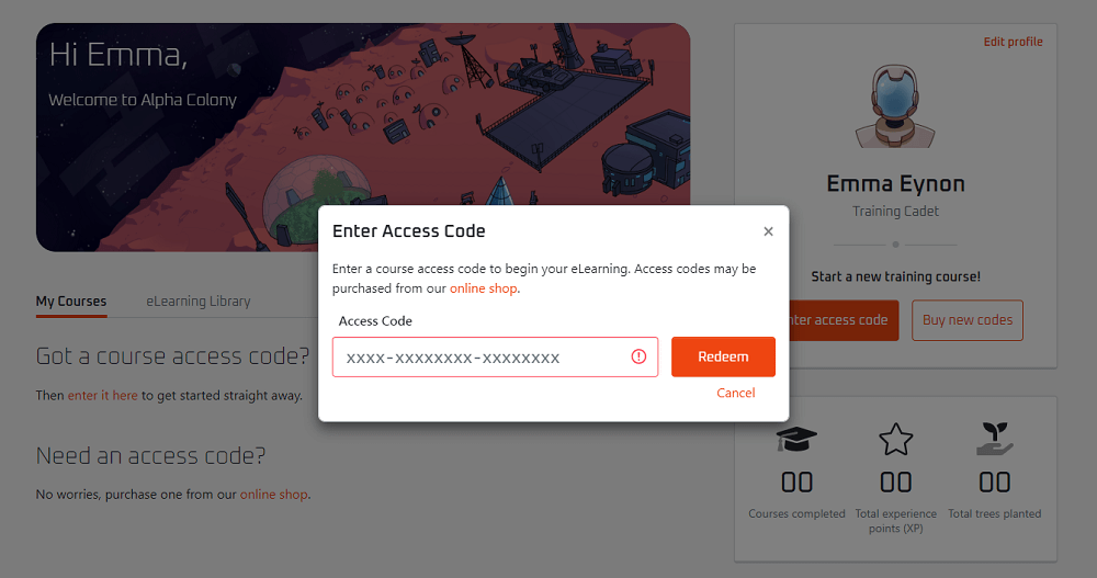 access code screen