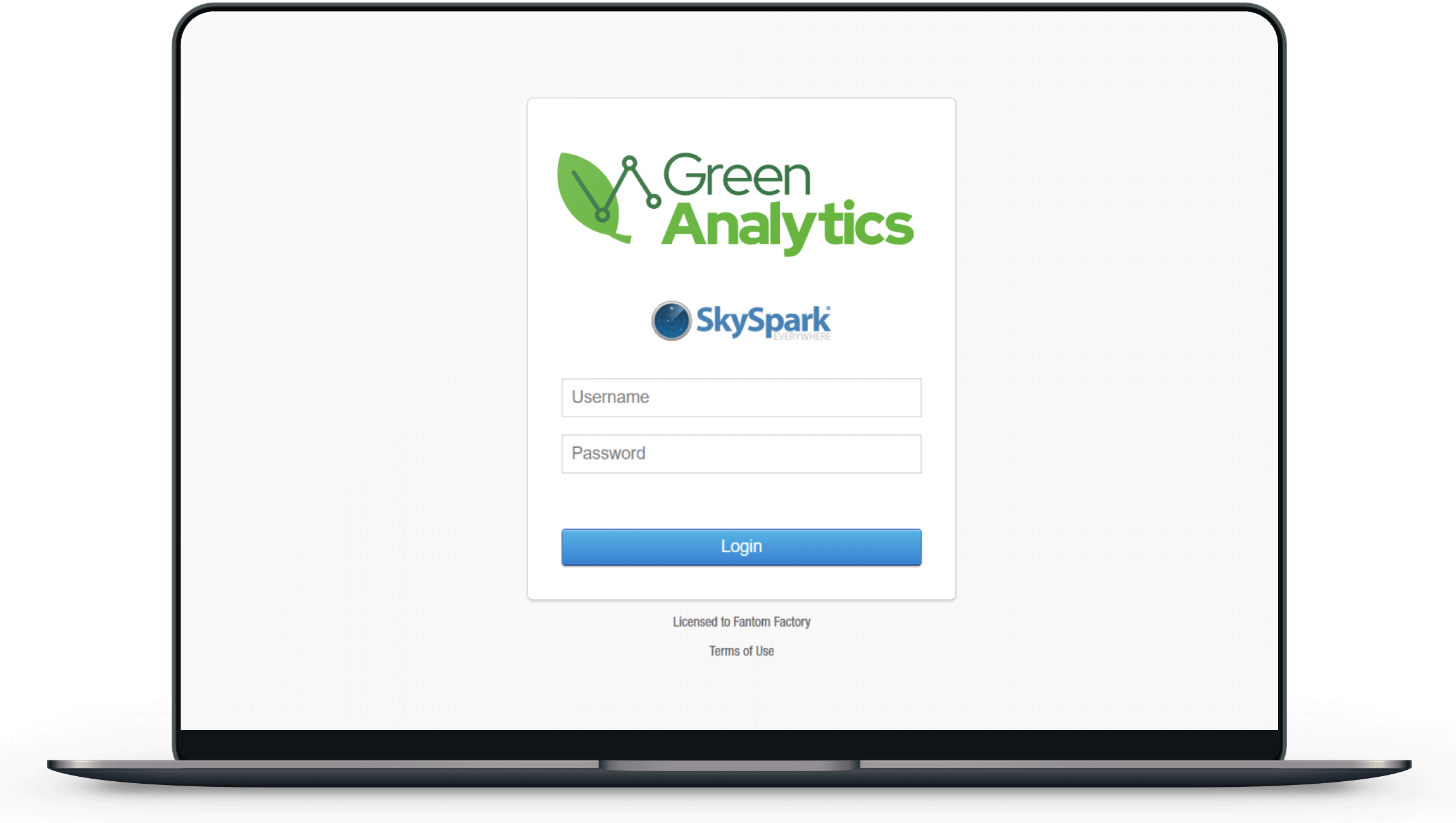 Green Analytics login screen on a laptop